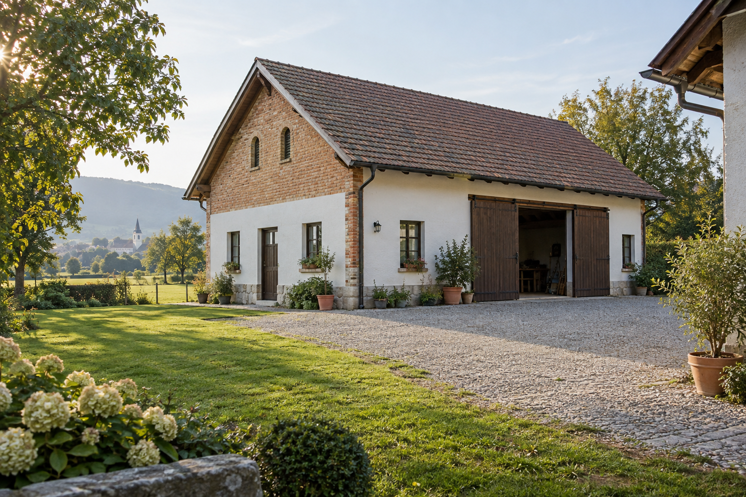 Bestehendes Gebäude aus Ziegel und hellem Putz mit Hof und Grünfläche in einem österreichischen Ort
