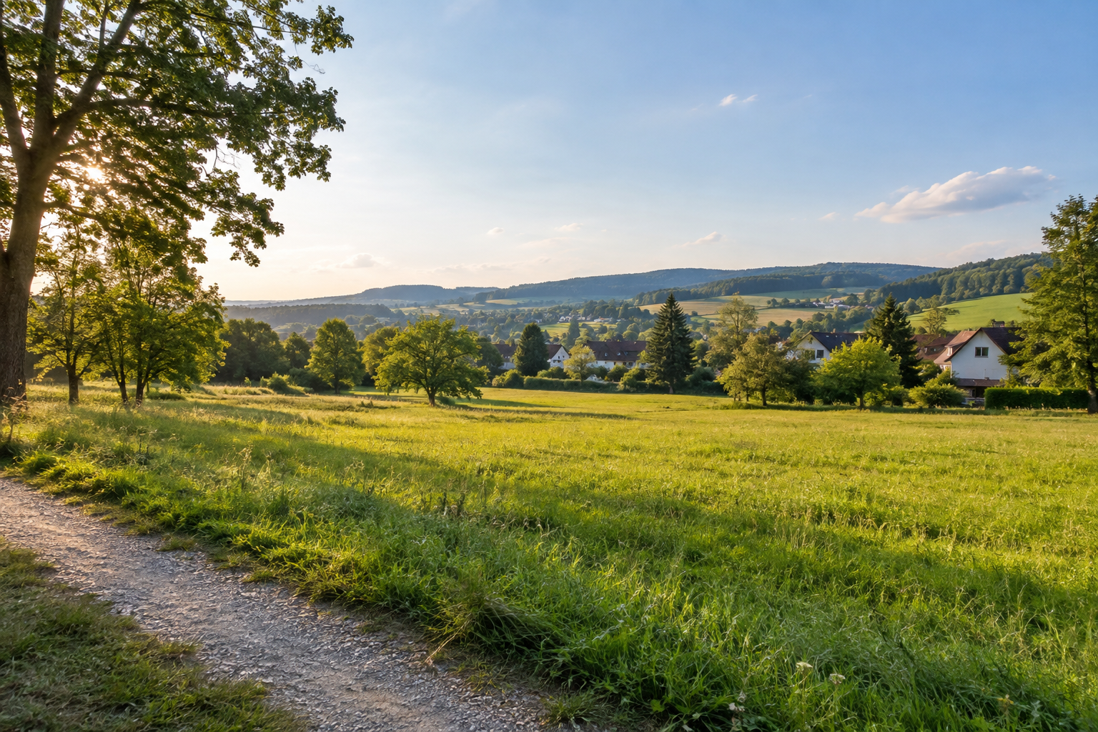 Offene grüne Wiese mit Bäumen am Rand eines österreichischen Ortes